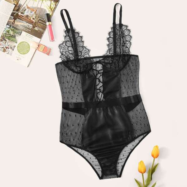 

Plus Contrast Lace Lace-up Teddy Bodysuit, Black