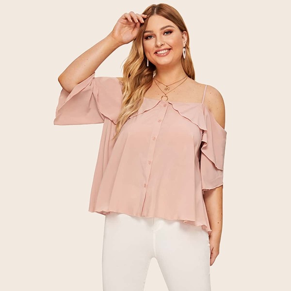 

Plus Cold Shoulder Ruffle Trim Blouse, Pink pastel
