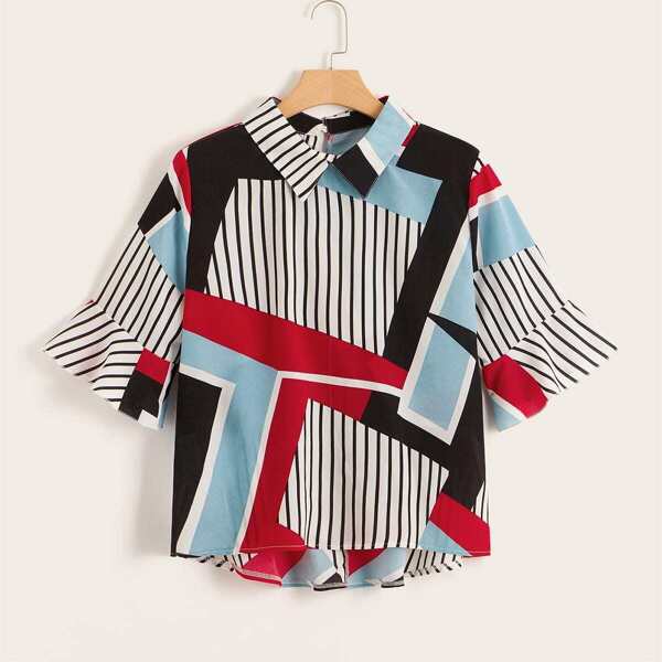 

Plus Flounce Sleeve Stripe High Low Blouse