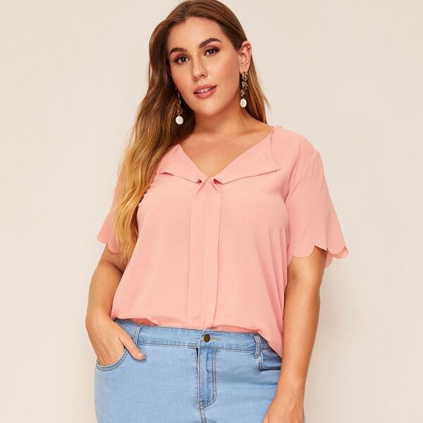 

Plus Scallop Trim Solid Blouse
