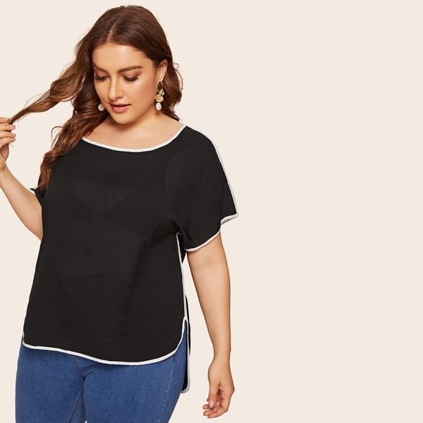 

Plus Contrast Piping Trim High Low Blouse