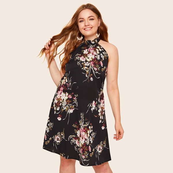 

Plus Floral Print Halter Neck Dress, Multicolor