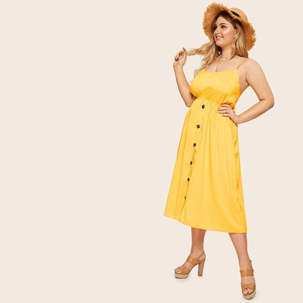 Plus Button Front Solid Cami Dress, Yellow