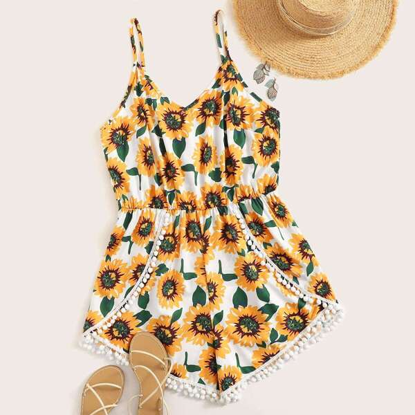 

Plus Floral Print Pompom Trim Cami Romper