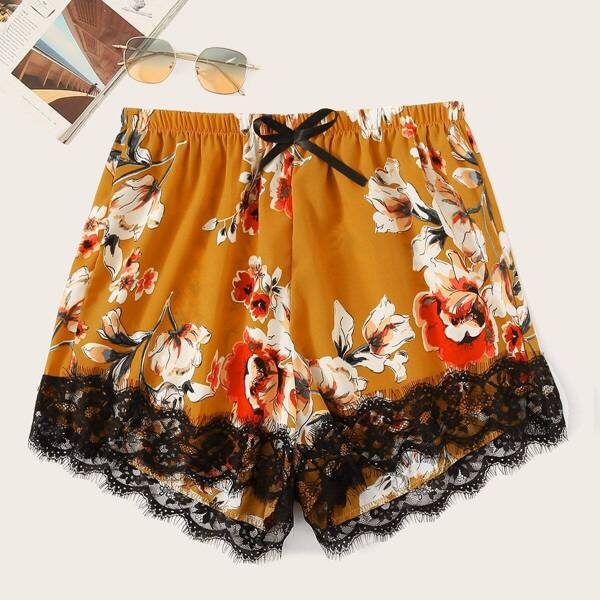 

Plus Lace Panel Floral Print Shorts
