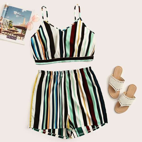

Plus Tie Back Stripe Cami Top & Shorts, Multicolor