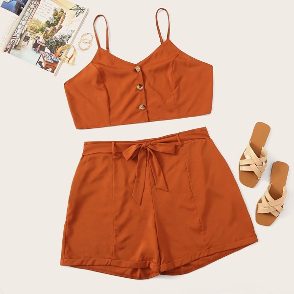

Plus Button Front Cami Top & Belted Shorts