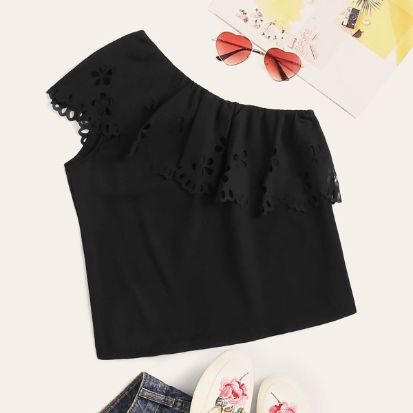 

Laser Cut Ruffle Trim Asymmetrical Neck Blouse