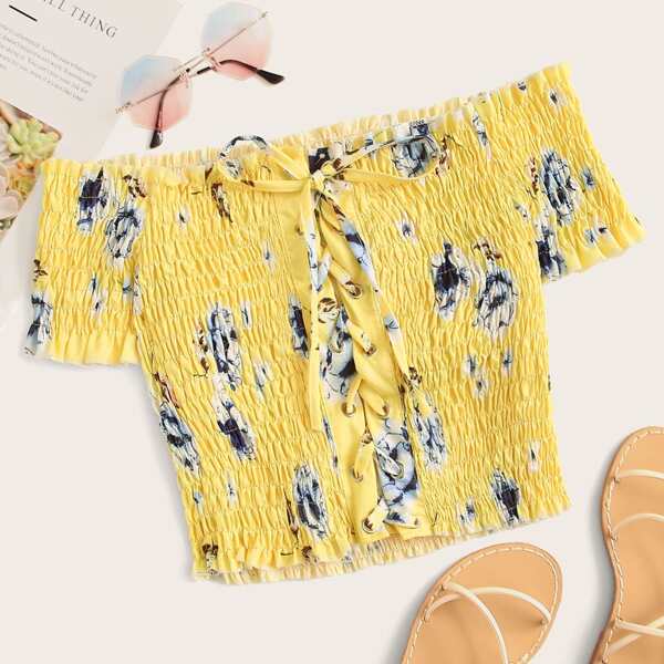 

Floral Print Lace-up Shirred Off Shoulder Blouse