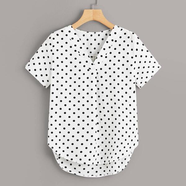

Polka Dot V-neck Dip Hem Blouse