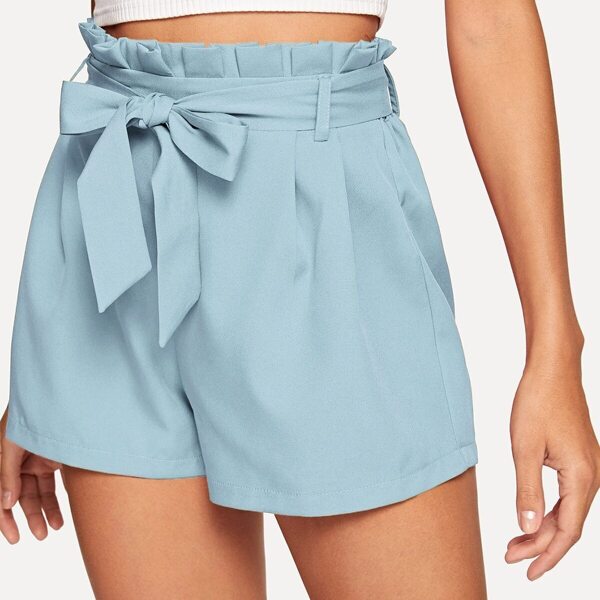 

Solid Belted Paperbag Shorts, Blue