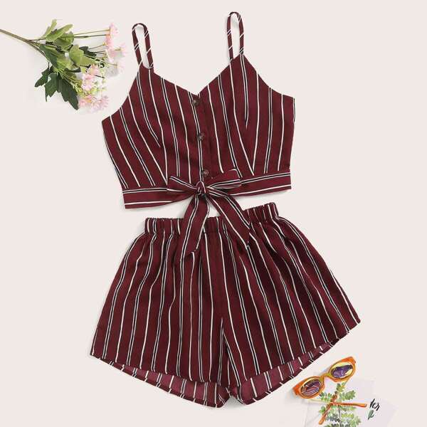 

Striped Button & Tie Front Cami Top With Shorts