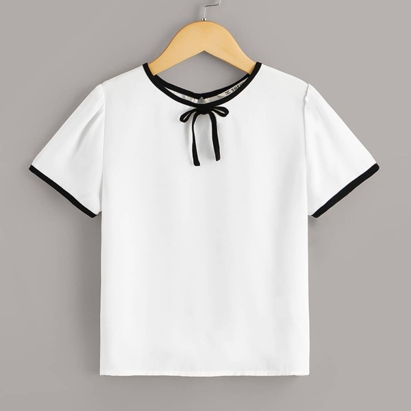 

Girls Contrast Piping Knot Front Top, White