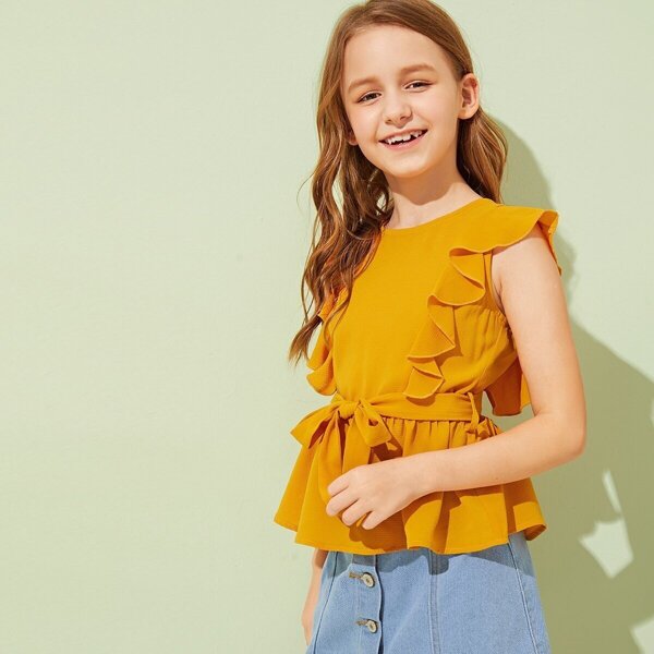 

Girls Ruffle Trim Belted Peplum Blouse, Yellow