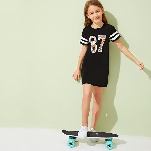 

Girls Striped & Floral Number Print Tee Dress, Black