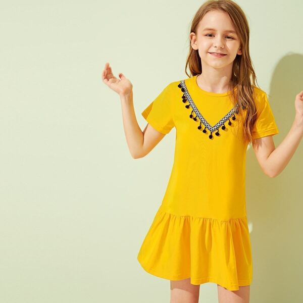 

Girls Pompom Embroidery Trim Ruffle Hem Dress