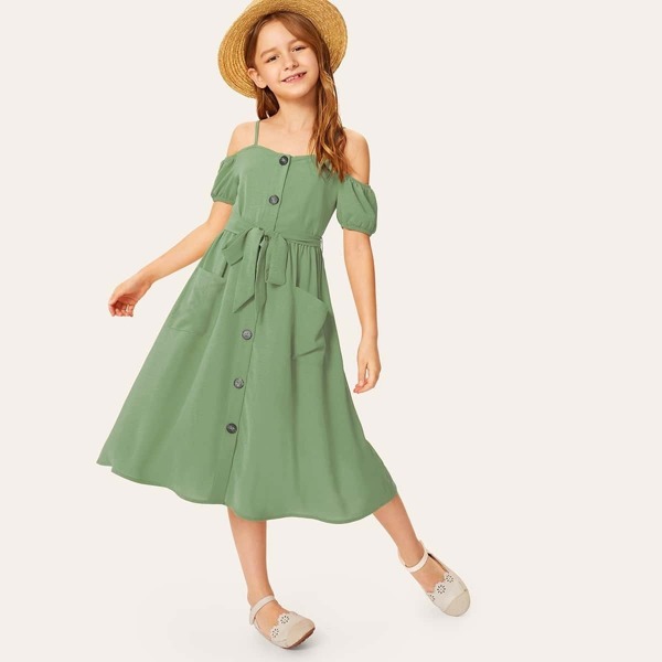 

Girls Cold Shoulder Pocket Front Self Belted Dress, Green