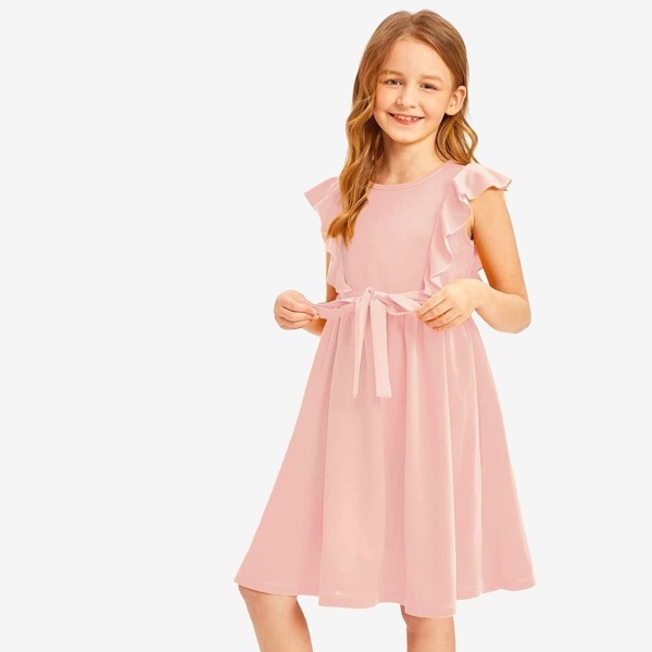 

Girls Ruffle Trim Self Belted Dress