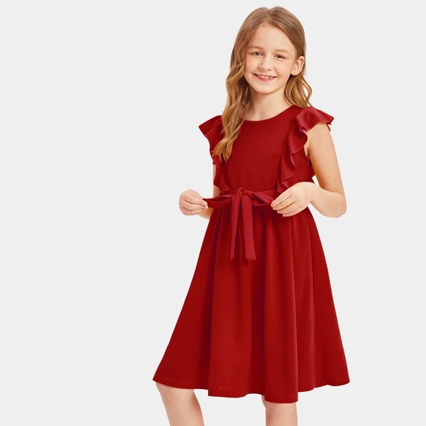 

Girls Ruffle Trim Self Belted Dress