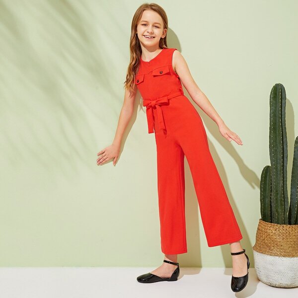 

Girls Zip Front Flap Pocket Belted Wide Leg Jumpsuit
