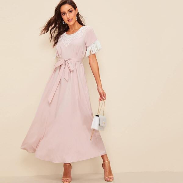 

Contrast Lace Neck Fringe Cuff Belted Dress, Pink pastel