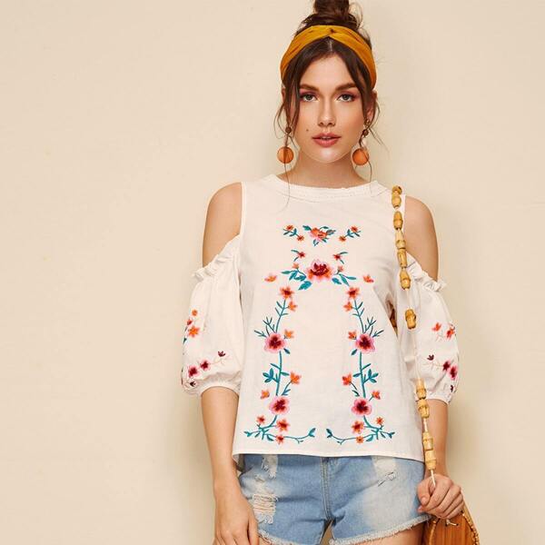 

Frill Trim Cold Shoulder Embroidery Floral Blouse, Beige