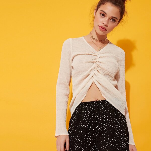 

Ruched Sheer Long Sleeve Top