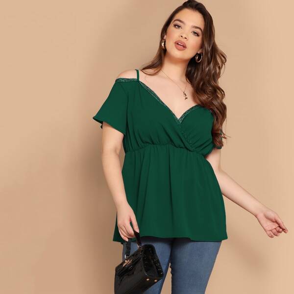 

Plus Open Shoulder Lace Insert Wrap Top