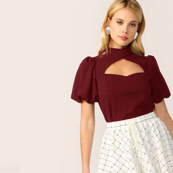 

Cross Wrap Cut Out Front Puff Sleeve Sweetheart Top, Burgundy