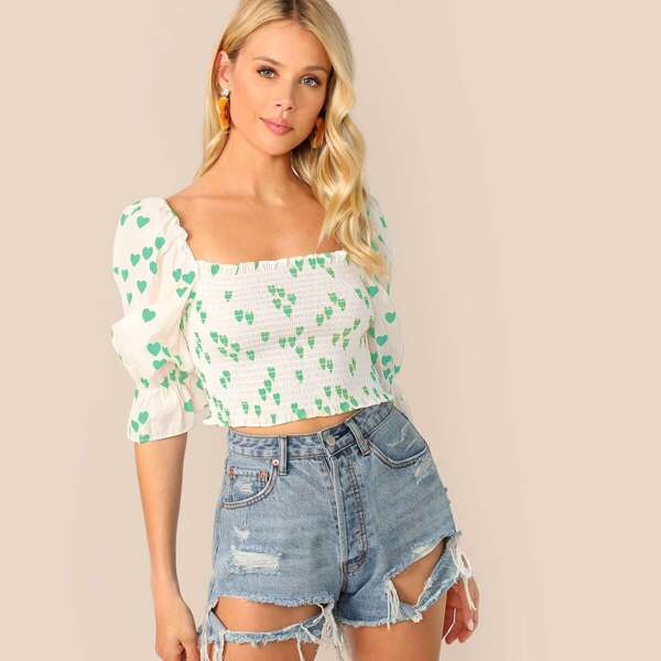 

Heart Print Gathered Sleeve Shirred Crop Top