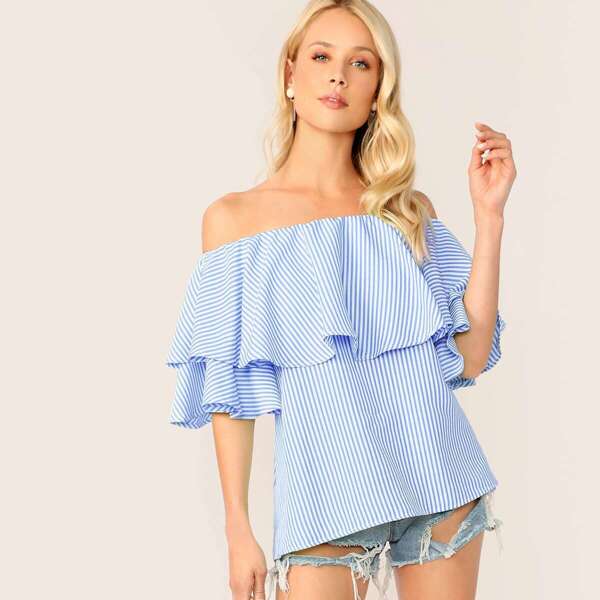 

Flounce Foldover Off Shoulder Striped Top