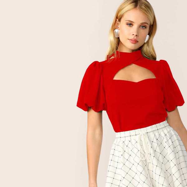 

Cutout Neck Puff Sleeve Top