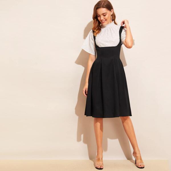 

Adjustable Strap Box Pleat Overall Dress, Black