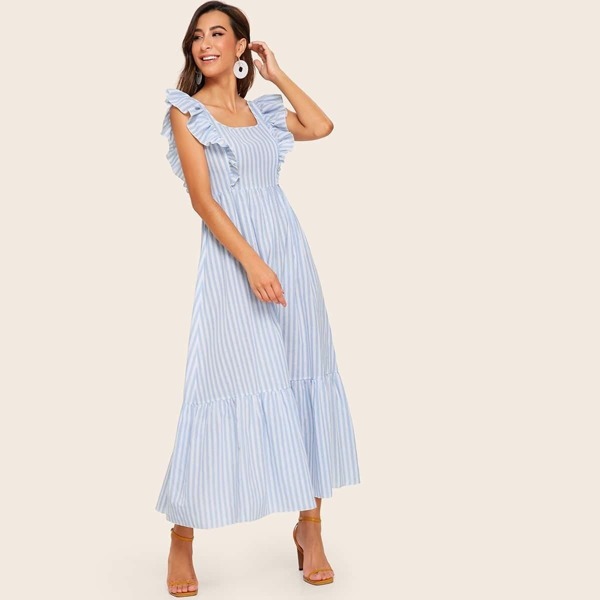 

Striped Ruffle Armhole Pep Hem Maxi Dress, Blue