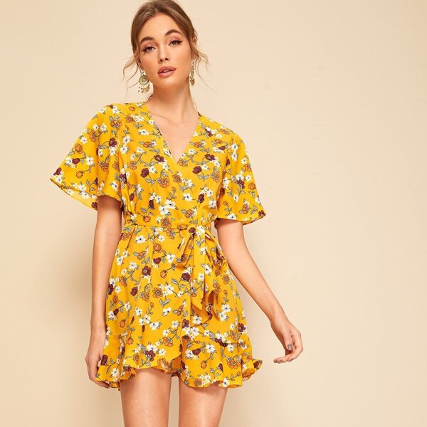 

Botanical Print Flutter Sleeve Wrap Dress