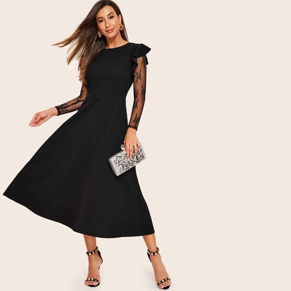 

Ruffle Trim Sheer Lace Sleeve Flowy Dress, Black