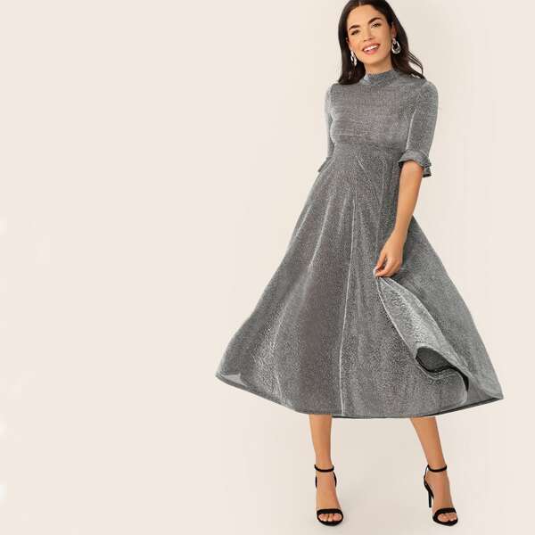 

Mock Neck Flounce Sleeve Glitter Dress
