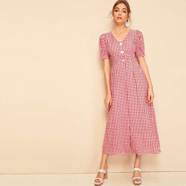 

Button Half Placket Puff Sleeve Gingham Dress, Pink