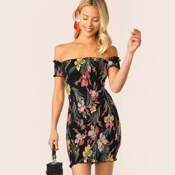 

Floral Frill Trim Shirred Bodycon Off Shoulder Dress, Multicolor