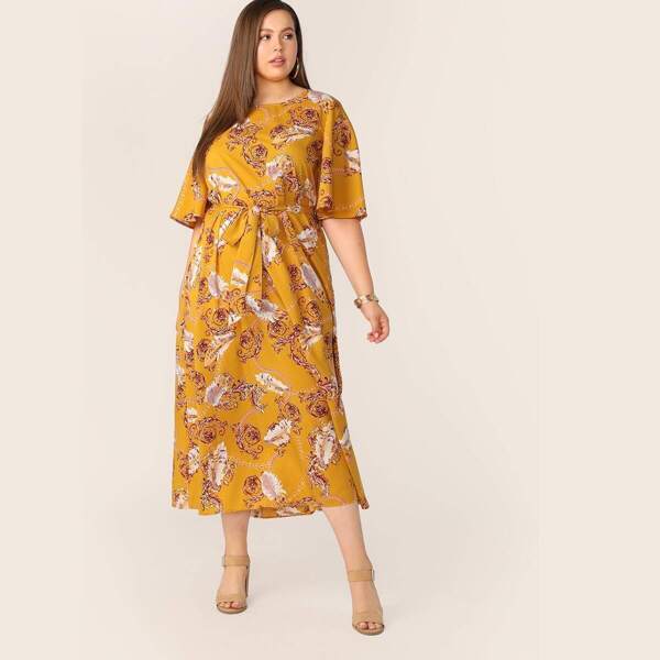 

Plus Baroque Print Flutter Sleeve Belted Dress, Multicolor