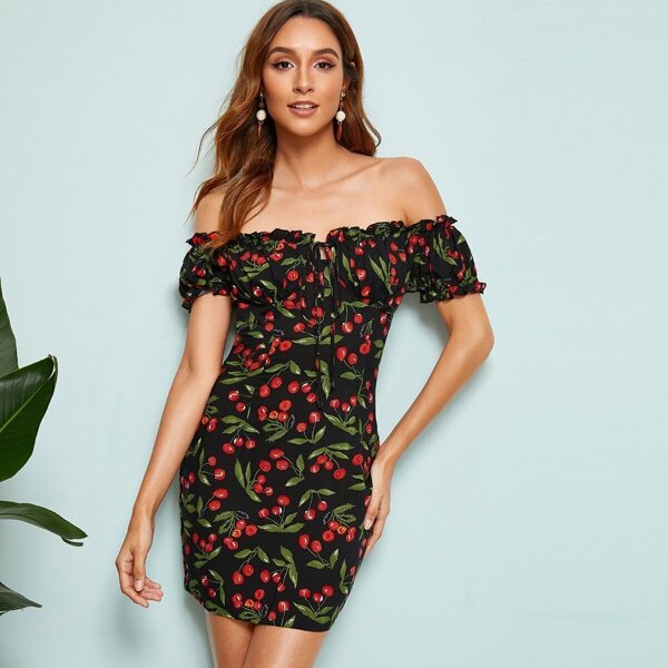 

Shirred Back Knot Frill Trim Cherry Print Bardot Dress, Multicolor