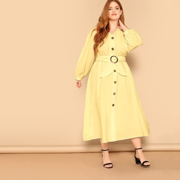 

Plus Lantern Sleeve Button Detail Buckle Belted Dress, Yellow