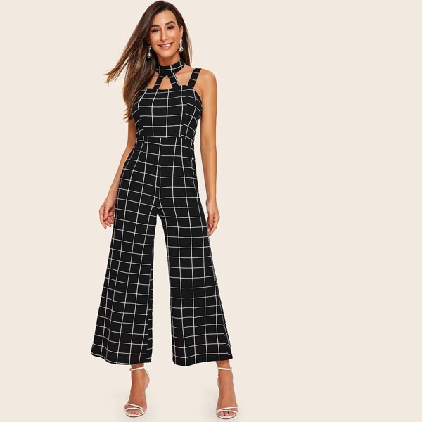 

Choker Halter Wide Leg Grid Jumpsuit, Black