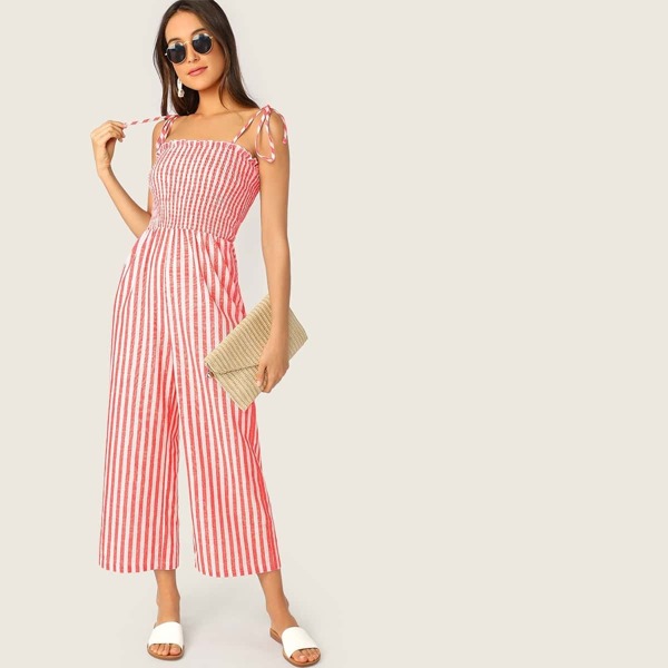

Shirred Bodice Striped Palazzo Jumpsuit With Tie Strappy