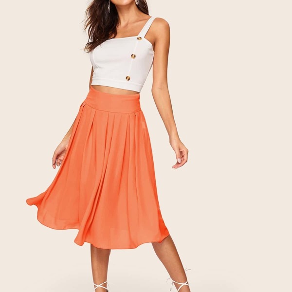 

Neon Orange Wide Waistband Pleated Skirt, Orange bright