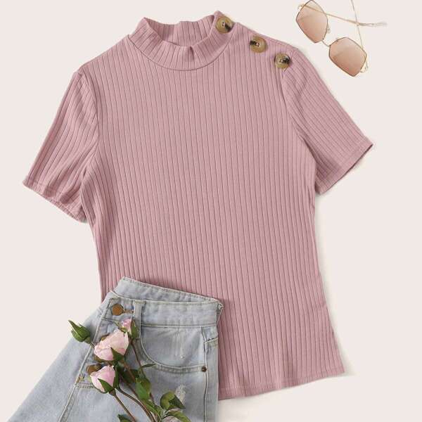 

Mock Neck Buttoned Shoulder Rib-knit Top