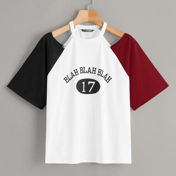 

Cut Out Shoulder Letter Graphic Colorblock Tee, Multicolor