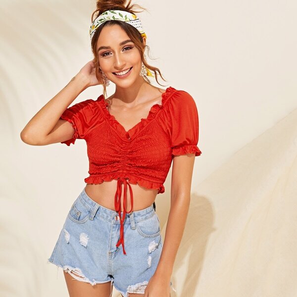 

Drawstring Shirred Front Frill Trim Crop Top, Red bright