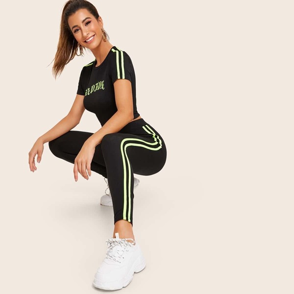

Neon Striped Side Letter Print Crop Top & Leggings Set