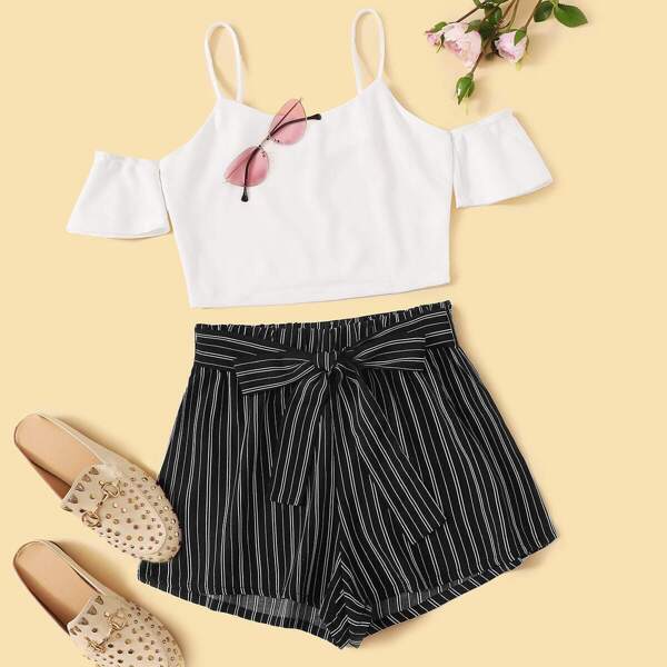 

Cold Shoulder Top and Bow Tie Waist Shorts Set, Black and white